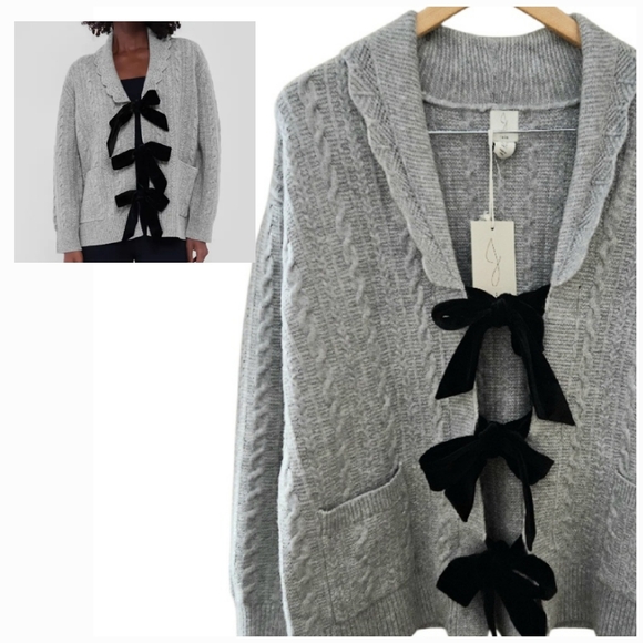 Joie Sweaters - NEW! JOIE Gray Cable Knit Velvet Bow Oversized Cardigan Small.